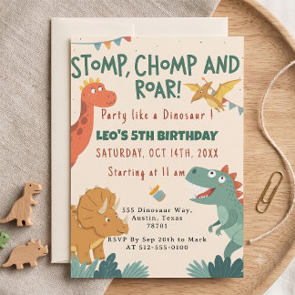 Stomp Chomp Roar Dinosaur Jungen-Geburtstagsfeier Einladung
