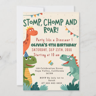 Stomp Chomp Roar Dinosaur Jungen-Geburtstagsfeier Einladung