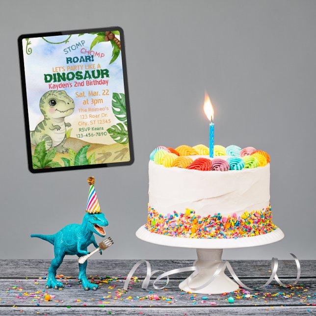 Stomp, Chomp, Roar, Dinosaur Watercolor Birthday Einladung (Von Creator hochgeladen)