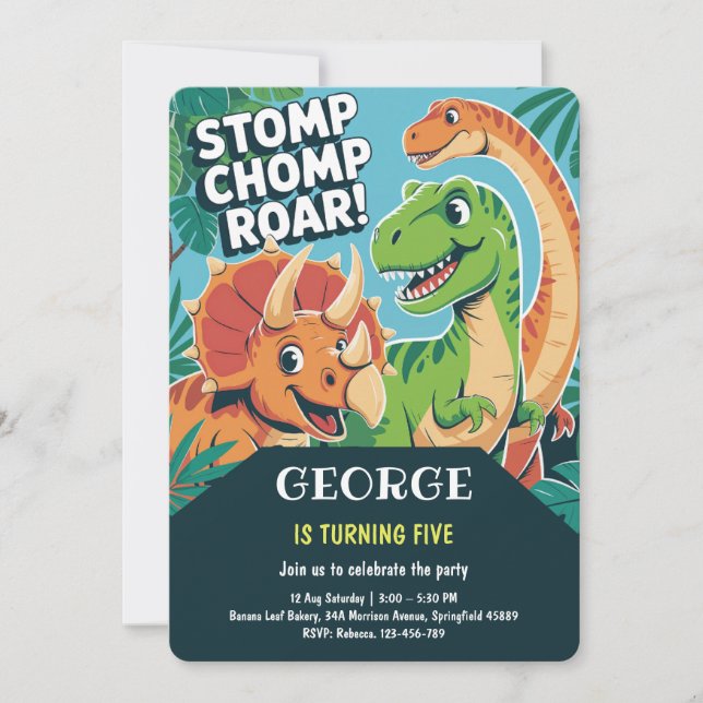 Stomp Chomp Roar | Fun Cute Dinosaurs 5th Birthday Einladung (Vorderseite)