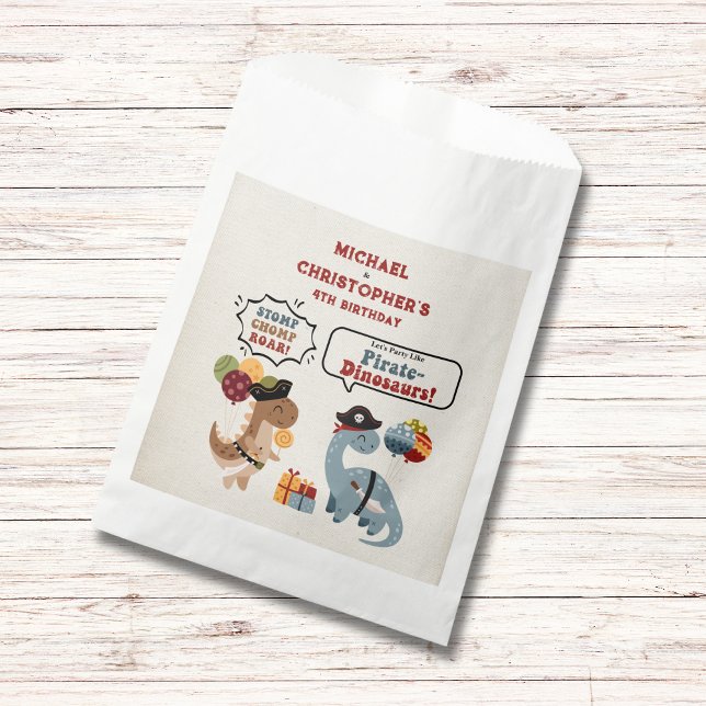 Stomp Chomp Roar Pirate Dinosaur Twin Boy Geburtst Geschenktütchen (Chomp Stomp Roar with these adorable Pirate-Dinosaurs to celebrate your twin boys birthday!)