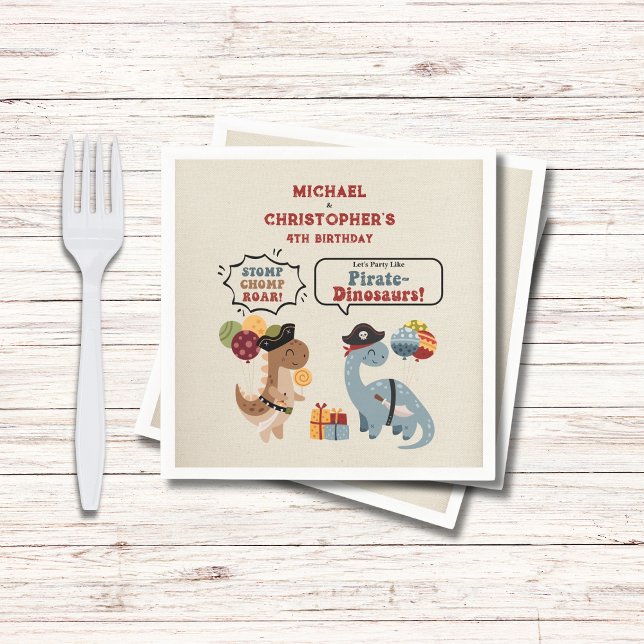 Stomp Chomp Roar Pirate Dinosaur Twin Boy Geburtst Serviette (Your twin boys will Chomp Stomp Roar with these pirate dinosaurs as they celebrate their birrthday.)