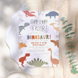 Stomp, Chomp und Roar! Dinosaurier Birthday Party<br><div class="desc">Stomp, Chomp und Roar! Lasst uns wie ein Dinosaurier Party machen! Ein idealer Weg, um Freunde zu einem lustigen Party einzuladen! Ihre Veranstaltungsdetails werden von verschiedenen Dinosauriern in Blau, Gelb, Orange, Rot, Rosa, Grün, Grau und Braun gerahmt. Zwischen den Tieren sind handgezeichnet tropische Blätter und Dschungelblättern in einem handgezeichnet Doodle-Stil....</div>