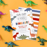 Stomp, Chomp und Roar! Dinosaurier Birthday Party Einladung<br><div class="desc">Stomp, Chomp und Roar! Lasst uns wie ein Dinosaurier Party machen! Ein idealer Weg, um Freunde zu einem lustigen Party einzuladen! Ihre Veranstaltungsdetails werden von verschiedenen Dinosauriern in Blau, Gelb, Orange, Rot, Rosa, Grün, Grau und Braun gerahmt. Zwischen den Tieren sind handgezeichnet tropische Blätter und Dschungelblättern in einem handgezeichnet Doodle-Stil....</div>