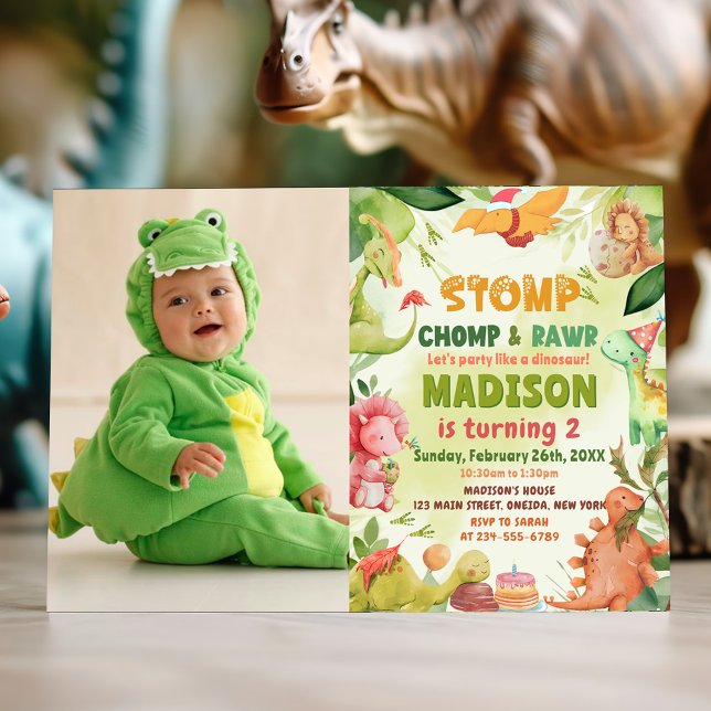 Stomp Chomp und Roar Greenery Dinosaur Geburtstag Einladung (Von Creator hochgeladen)