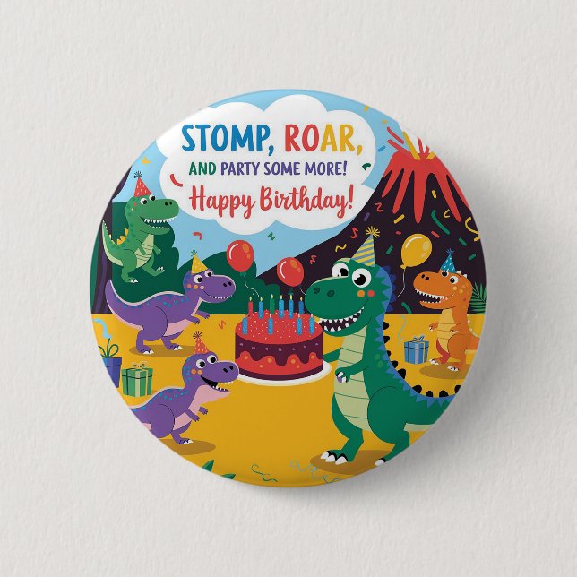 "Stomp, Roar & Party Mehr-Dino-Kinderdesign Button (Vorderseite)