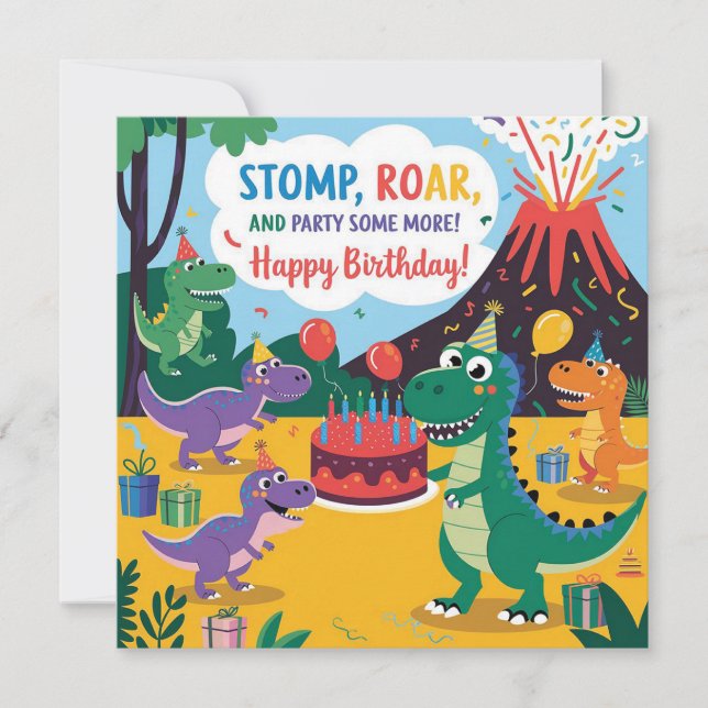 "Stomp, Roar & Party Mehr-Dino-Kinderdesign Karte (Vorderseite)