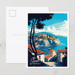 Ston Croatia Art Vintage Reise Illustration Postkarte
