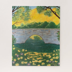 Stone Bridge Lake Blume Gelbe Himmelsfarbe Puzzle
