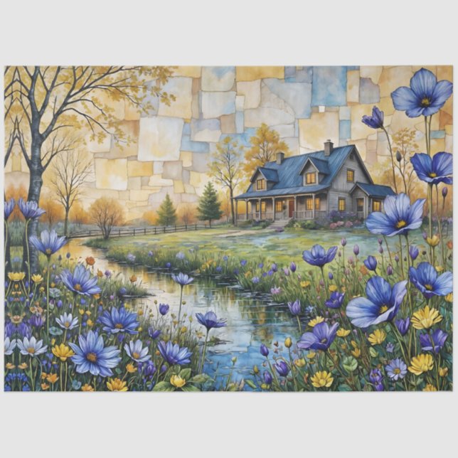 Stone Country Farmhouse in Patchwork Floral Valley Seidenpapier (Vorderseite)