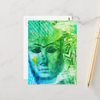 Stone face Abstract Mix Media Collage Blue Green Postkarte