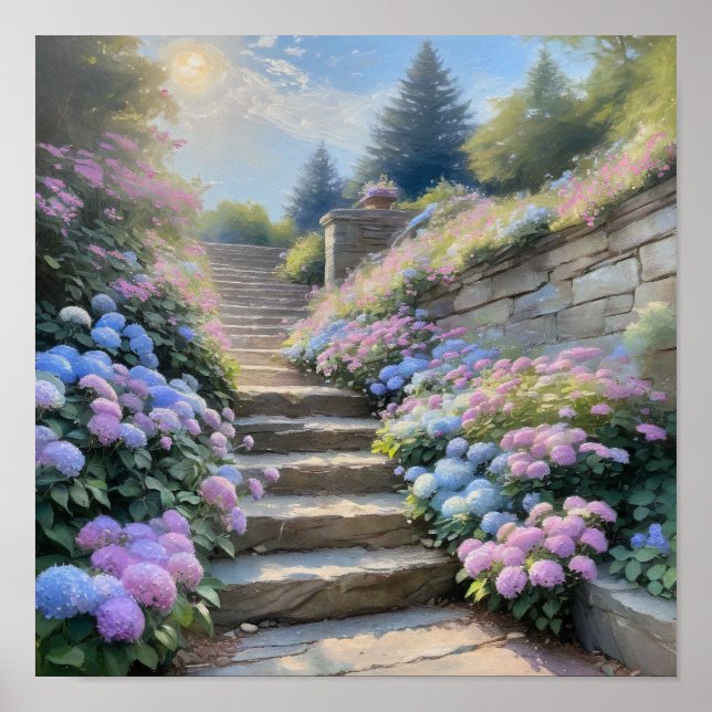 Stone Garden Stairway with Hydrangeas Romantic  Poster (Vorne)