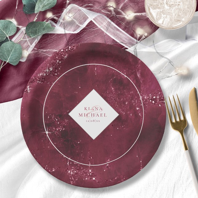 Stone Glitzer Wedding Burgundy ID647 Pappteller (Von Creator hochgeladen)