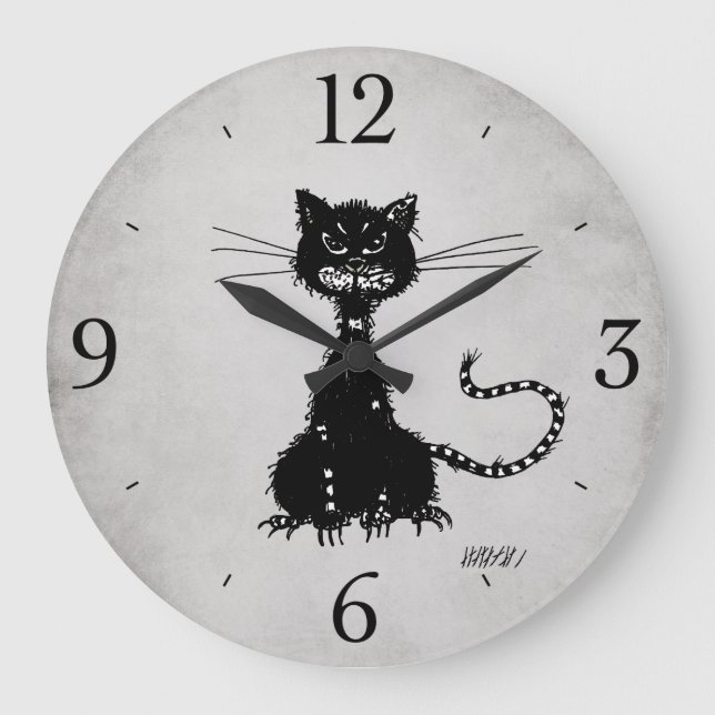 Stone Gray Ragged Evil Black Cat Große Wanduhr (Vorderseite)