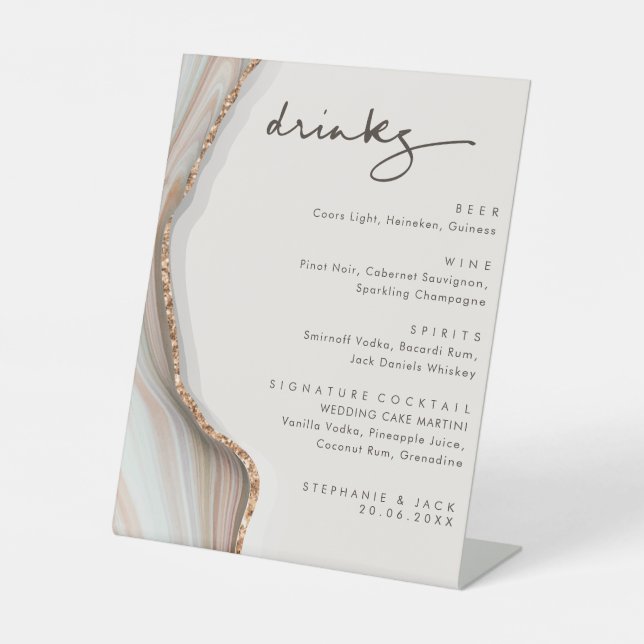 Stone Marble Agate Wedding Drinks Bar Menu Pedesta Sockelschild (Vorderseite)