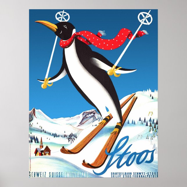 Stoos, Pinguin auf Ski, Schweizer Berge Poster (Vorne)