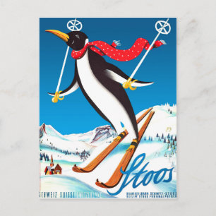 Stoos, Pinguin auf Ski, Schweizer Berge Postkarte