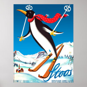 Stoos, Pinguin auf Skiern, Schweizer Berge Poster