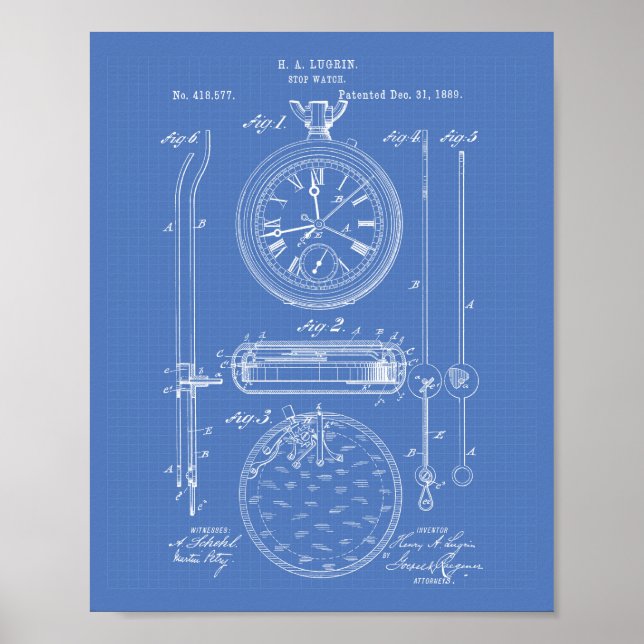Stopp Watch 1889 Patent Art Blueprint Poster (Vorne)
