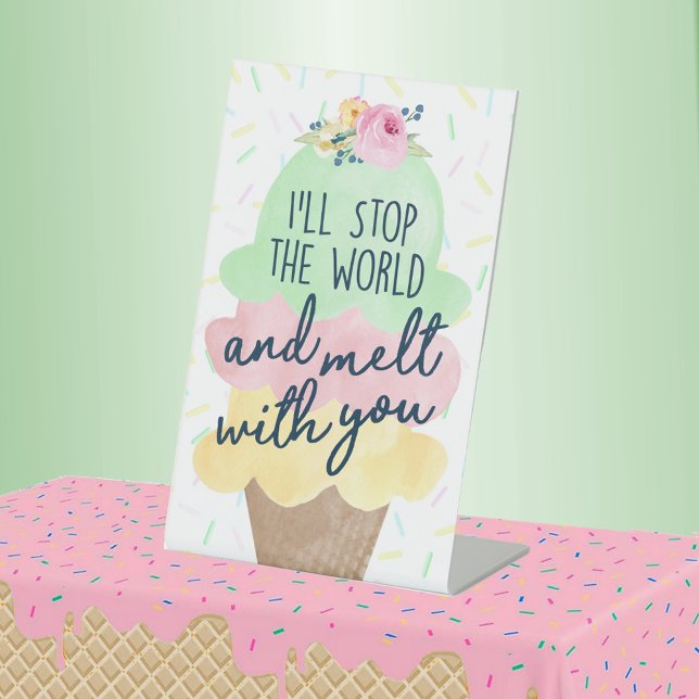 Stoppen Sie die Welt und ermüden Sie sich mit dem  Sockelschild (Ill Stop The World and Melt With You Watercolor Ice Cream Bridal Shower Pedestal Table Sign)