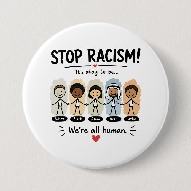 Stoppt Rassismus, wir sind alle Menschen Button (Vorderseite)