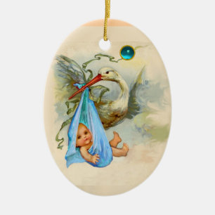 STORCH-BABY-DUSCHEN-MONOGRAMM-BLAU-SAPHIR KERAMIK ORNAMENT