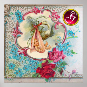 STORCH BABY MÄDCHEN DUSCHE Ruby Edelstein Monogram Poster