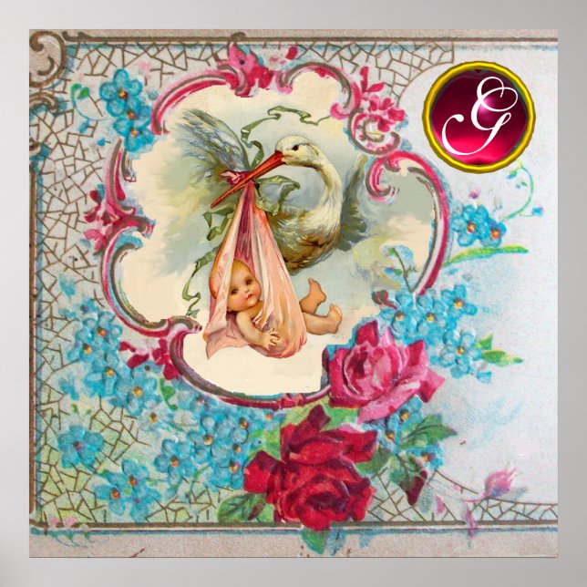 STORCH BABY MÄDCHEN DUSCHE Ruby Edelstein Monogram Poster (Vorne)