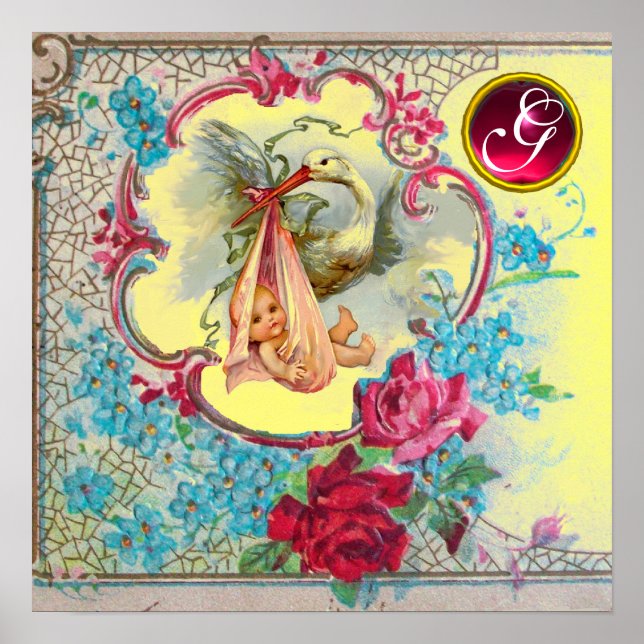 STORCH BABY MÄDCHEN SHOWER Ruby Edelstein Monogram Poster (Vorne)