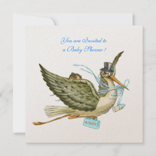 STORCH BABY SHOWER, weißer Champagner metallisch Einladung