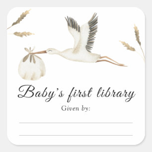 Storch - Babydusche Buchzeichen, Babybücher Quadratischer Aufkleber