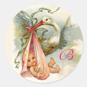 STORCH-BABYPARTY-MONOGRAMM, RUNDER AUFKLEBER