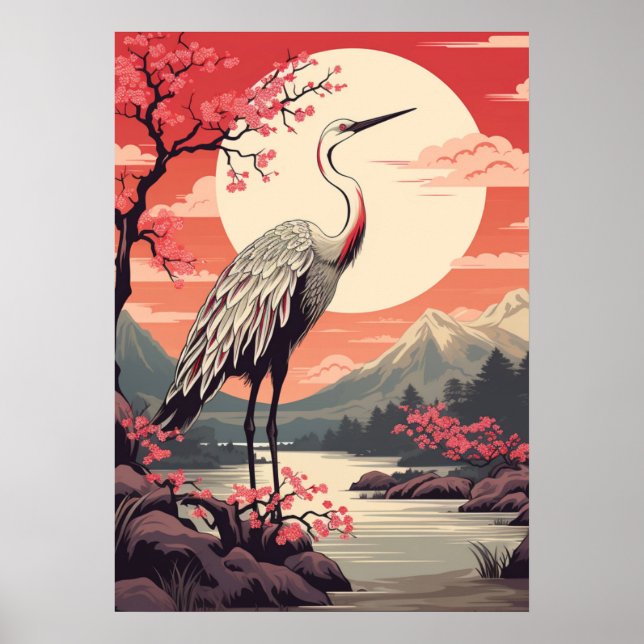 Storch bei Sonnenaufgang am See und Sakura-Bäume Poster (Vorne)