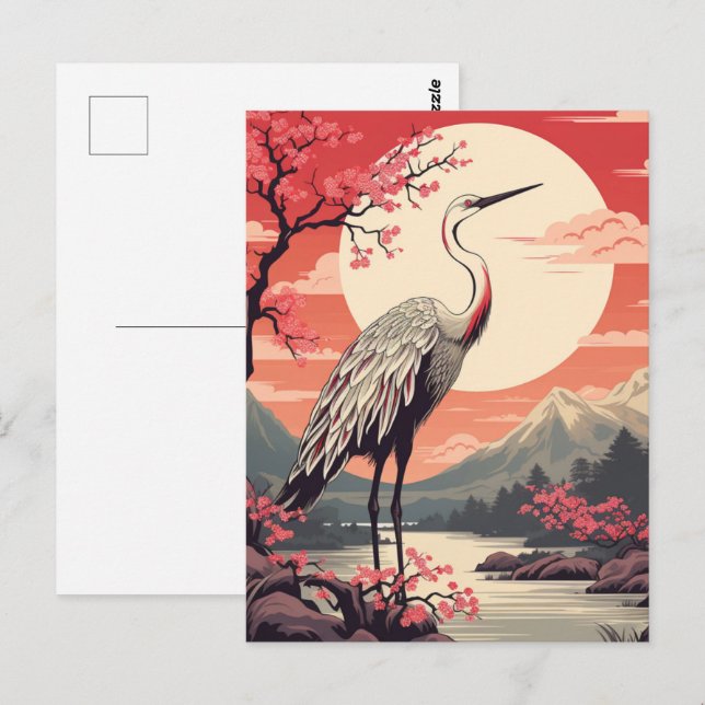 Storch bei Sonnenaufgang am See und Sakura-Bäume Postkarte (Vorne/Hinten)