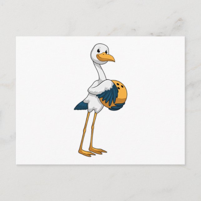 Storch beim Bowling mit Bowlingkugel Postkarte (Vorderseite)