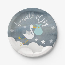 Storch-blaues Bündel spielt Aquarell-Babyparty die Pappteller