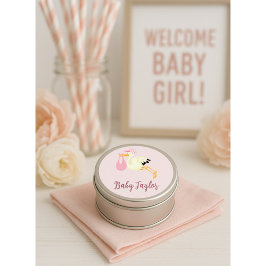 Storch Delivery Baby Girl Pink Runder Aufkleber