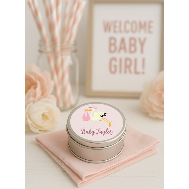 Storch Delivery Baby Girl Pink Runder Aufkleber (Von Creator hochgeladen)