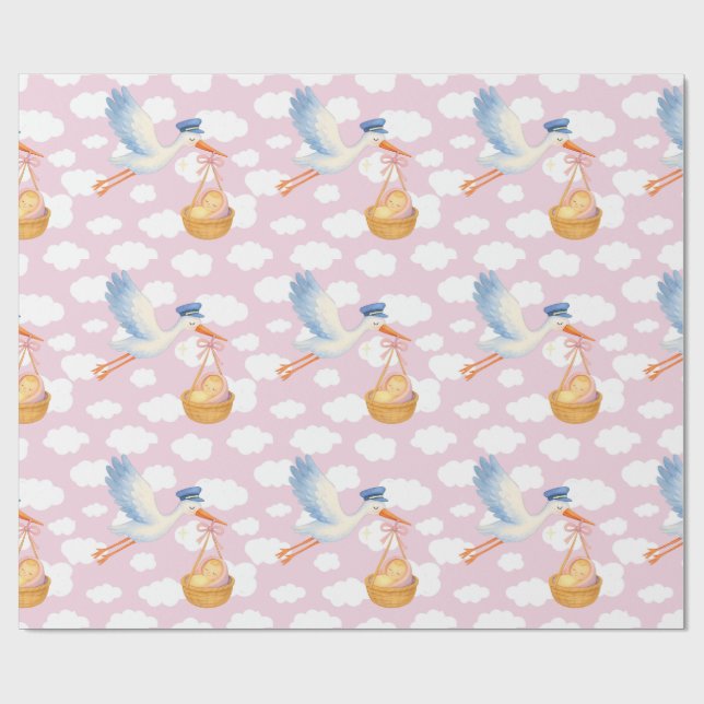 Storch Delivery Baby Girl Wrapping Paper Niedlich  Geschenkpapier (Flach)