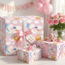 Storch Delivery Baby Girl Wrapping Paper Niedlich 
