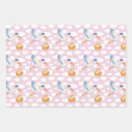 Storch Delivery Baby Girl Wrapping Paper Niedlich  Geschenkpapier Set