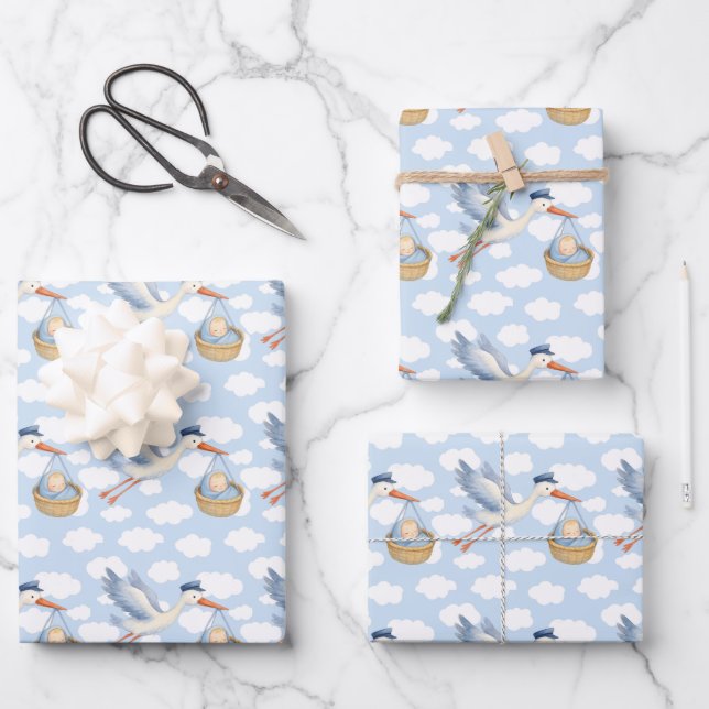 Storch Delivery Baby Wrapping Paper - Niedlich Blu Geschenkpapier Set (Vorderseite)