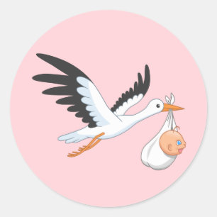 Storch, der ein Baby-Bundle pink trägt Runder Aufkleber