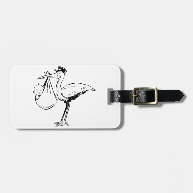 Storch, der ein Baby-Gepäckanhänger hält Gepäckanhänger (Vorderseite horizontal)