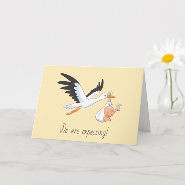 Storch, der ein Baby trägt, das First Selfie Yello Karte (Kleine Pflanze)