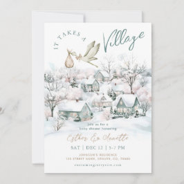 Storch es nimmt ein Village Winter Baby Dusche Einladung
