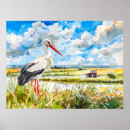 Storch im Sommer Felder Havelland Wasserfarbe Stil Poster