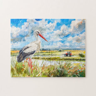 Storch im Sommer Felder Havelland Wasserfarbe Stil Puzzle