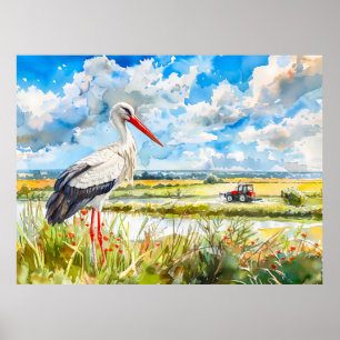 Storch in Sommerfeldern Havelland Aquarellstil Poster