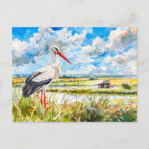 Storch in sommerlichen Feldern Havelland Aquarells Postkarte
